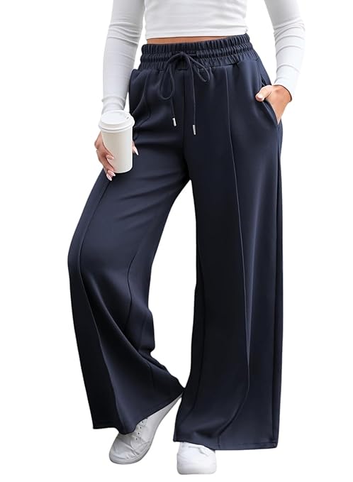 Q - RIOUS Women's Wide Leg Drawstring Relaxed Fit Trouser